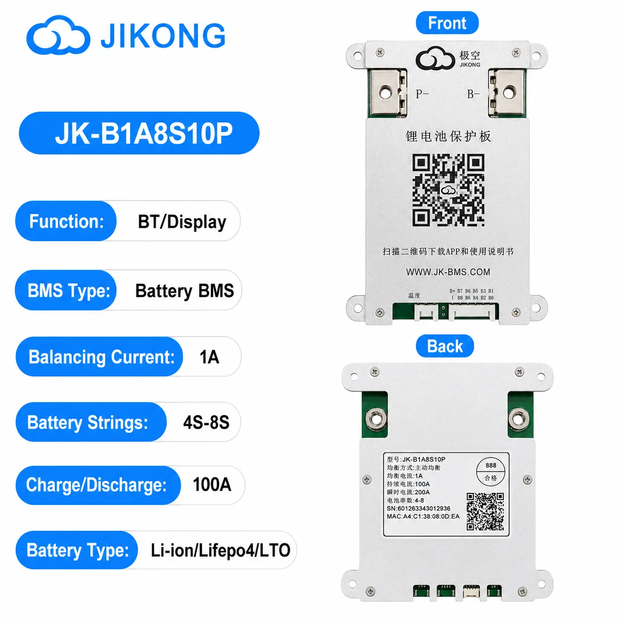 JK 100A Smart BMS with 1A Active Balancing | 4S-8S LiFePO4 Battery Management System | Bluetooth & LCD Support - View 2