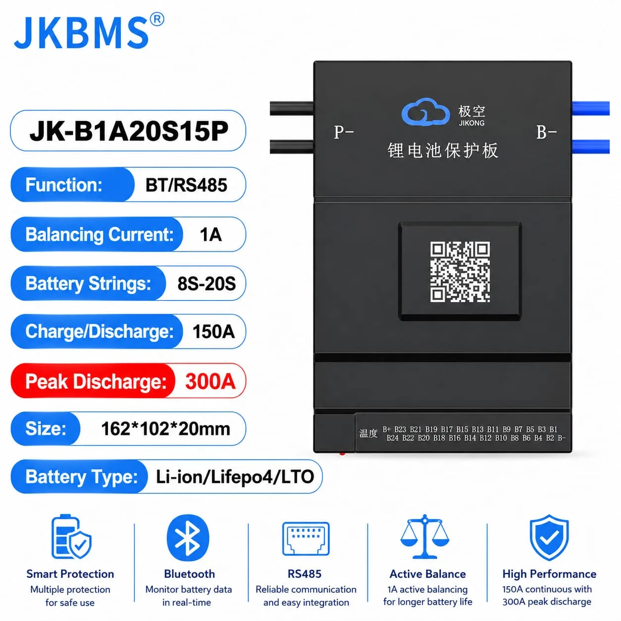 JK Smart BMS 150A with 1A Active Balancer | 8S-20S LiFePO4, Lithium-Ion & LTO Battery Management System | 300A Peak Discharge