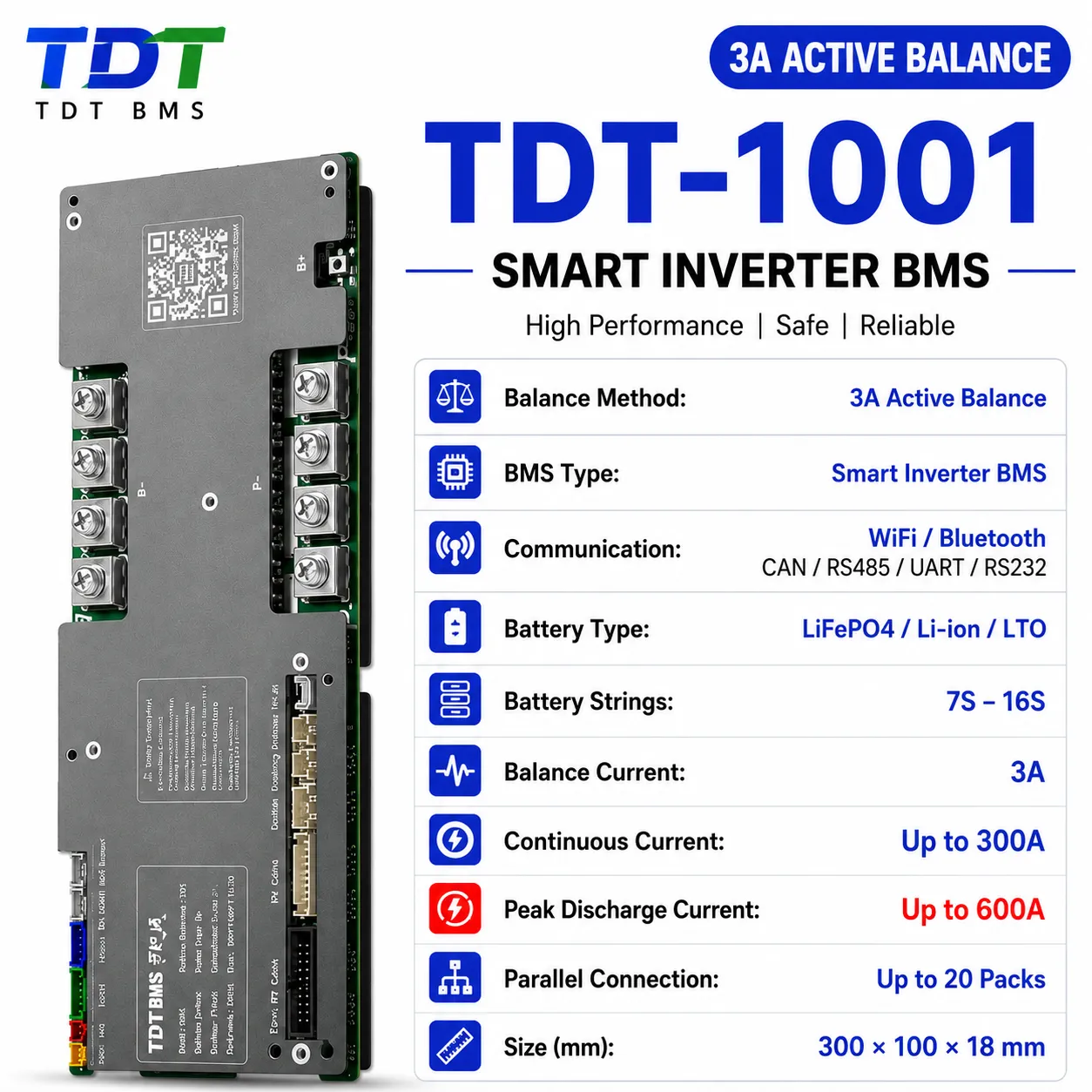 TDT Smart Inverter BMS 300A with 3A Active Balance, WiFi & Bluetooth | LiFePO4 & Lithium-ion Battery Management System | 7S-1