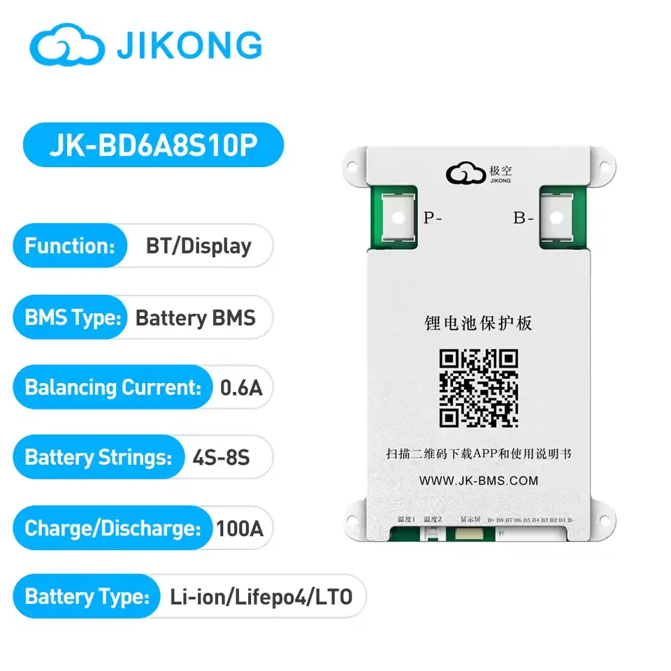 JK-BD6A8S10P Smart BMS 100A with 0.6A Active Balancer – 4S-8S LiFePO4, Lithium-Ion & LTO