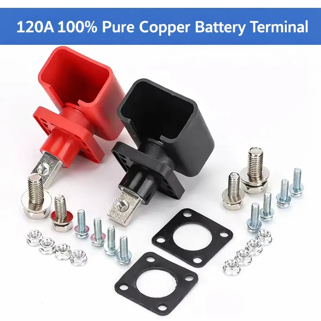 120A 100% Pure Copper Battery Terminal Set | Heavy Duty Positive & Negative Battery Connector for LiFePO4, Solar, UPS & Inver