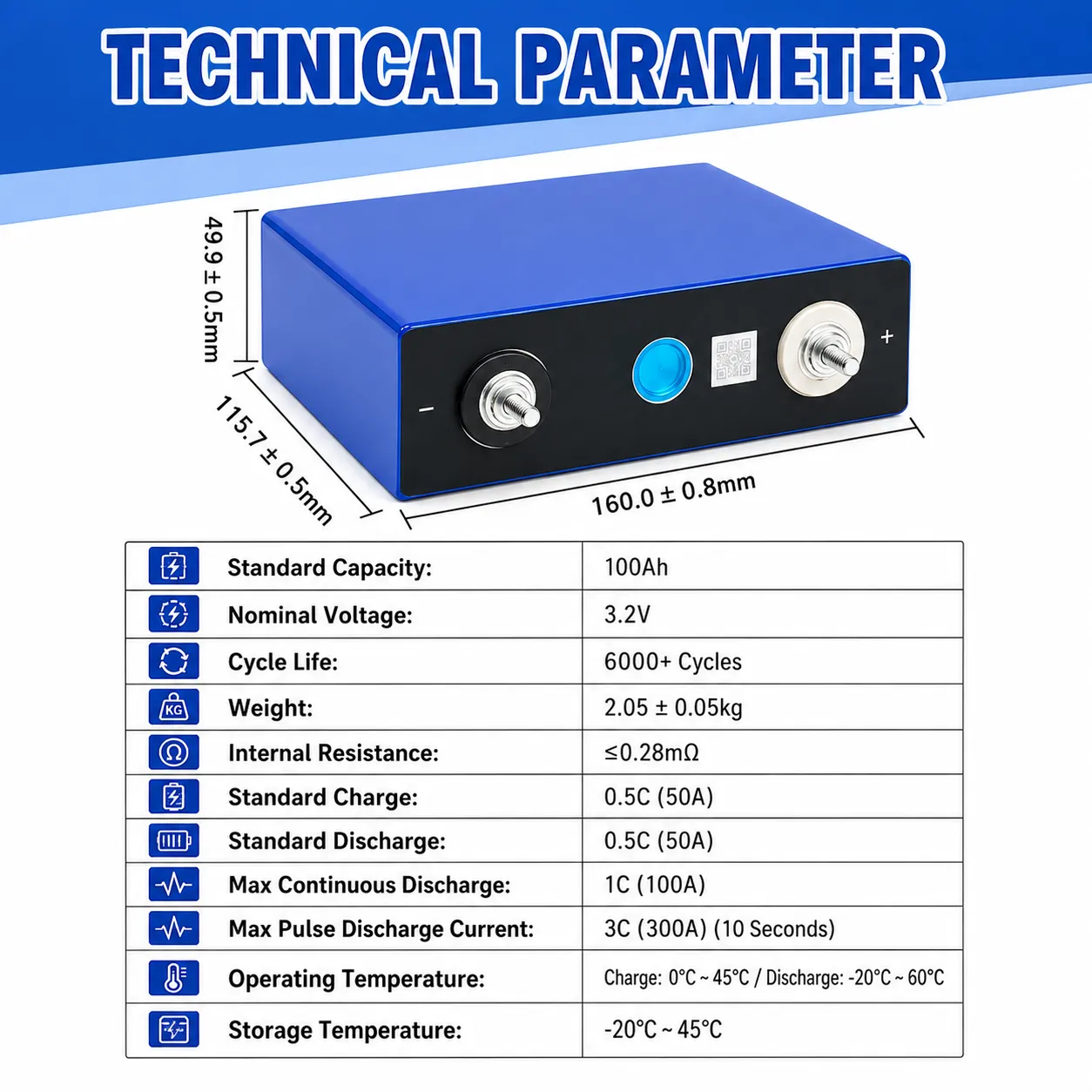 EVE LF-100 3.2V 100Ah A-Grade LiFePO4 Cell | 6000+ Cycles | ≤0.28mΩ IR Lithium Battery Cell - View 8