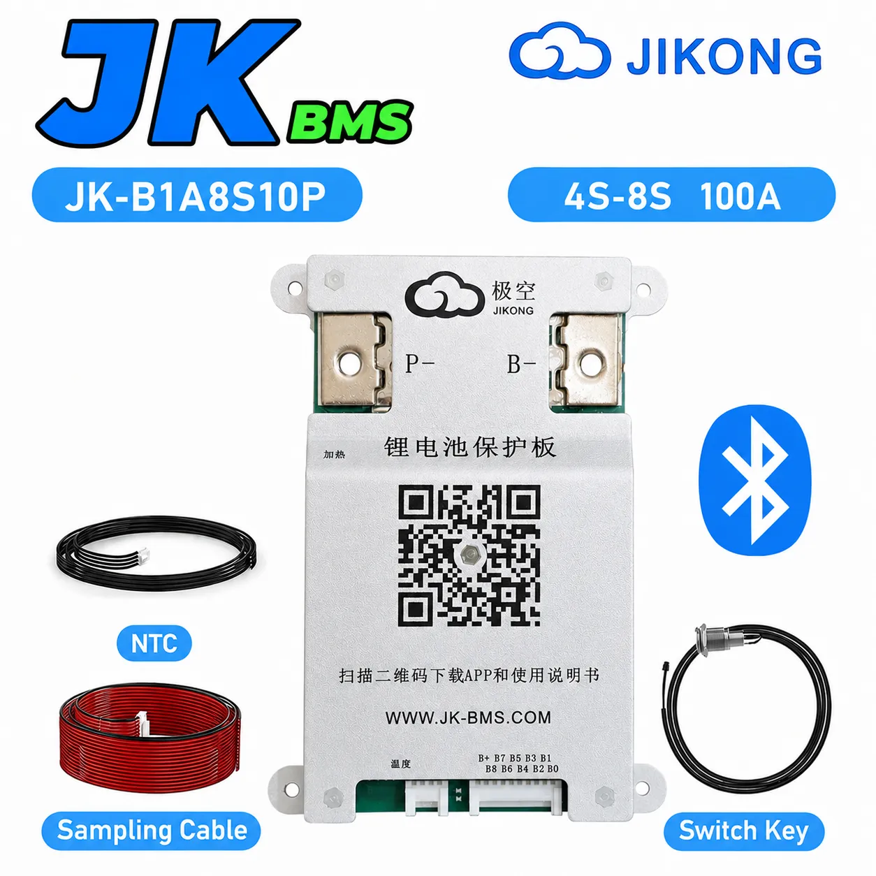 JK 100A Smart BMS with 1A Active Balancing | 4S-8S LiFePO4 Battery Management System | Bluetooth & LCD Support