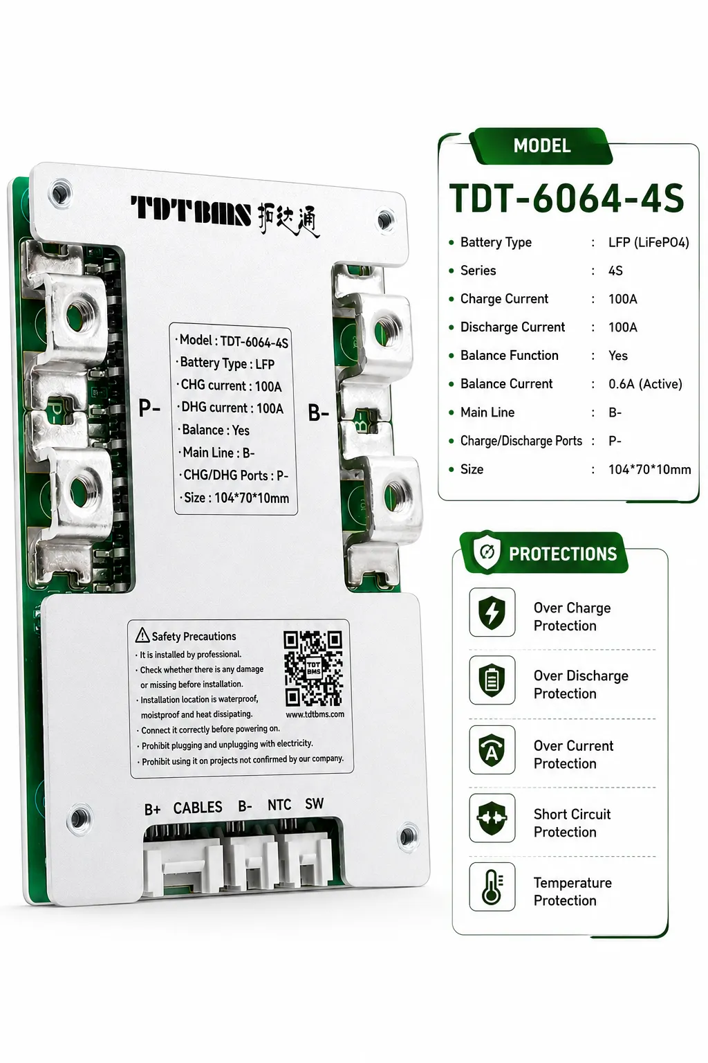 TDT-6064 4S 100A LiFePO4 BMS with Balancing | 12V Lithium Battery Protection Board | Common Port BMS