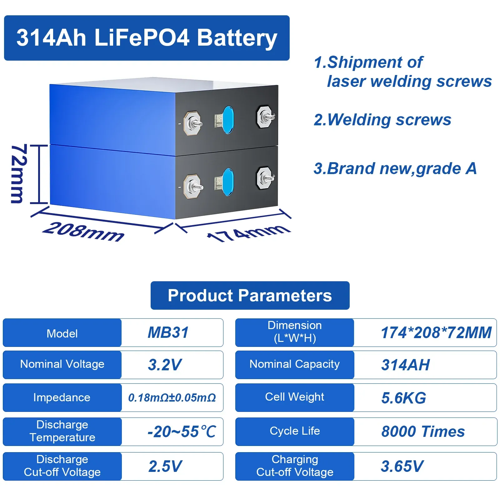 3.2V 314Ah A-Grade LiFePO4 Cell MB31 | 8000 Cycles | 0.19mΩ IR | High Capacity Energy Storage Cell - View 6