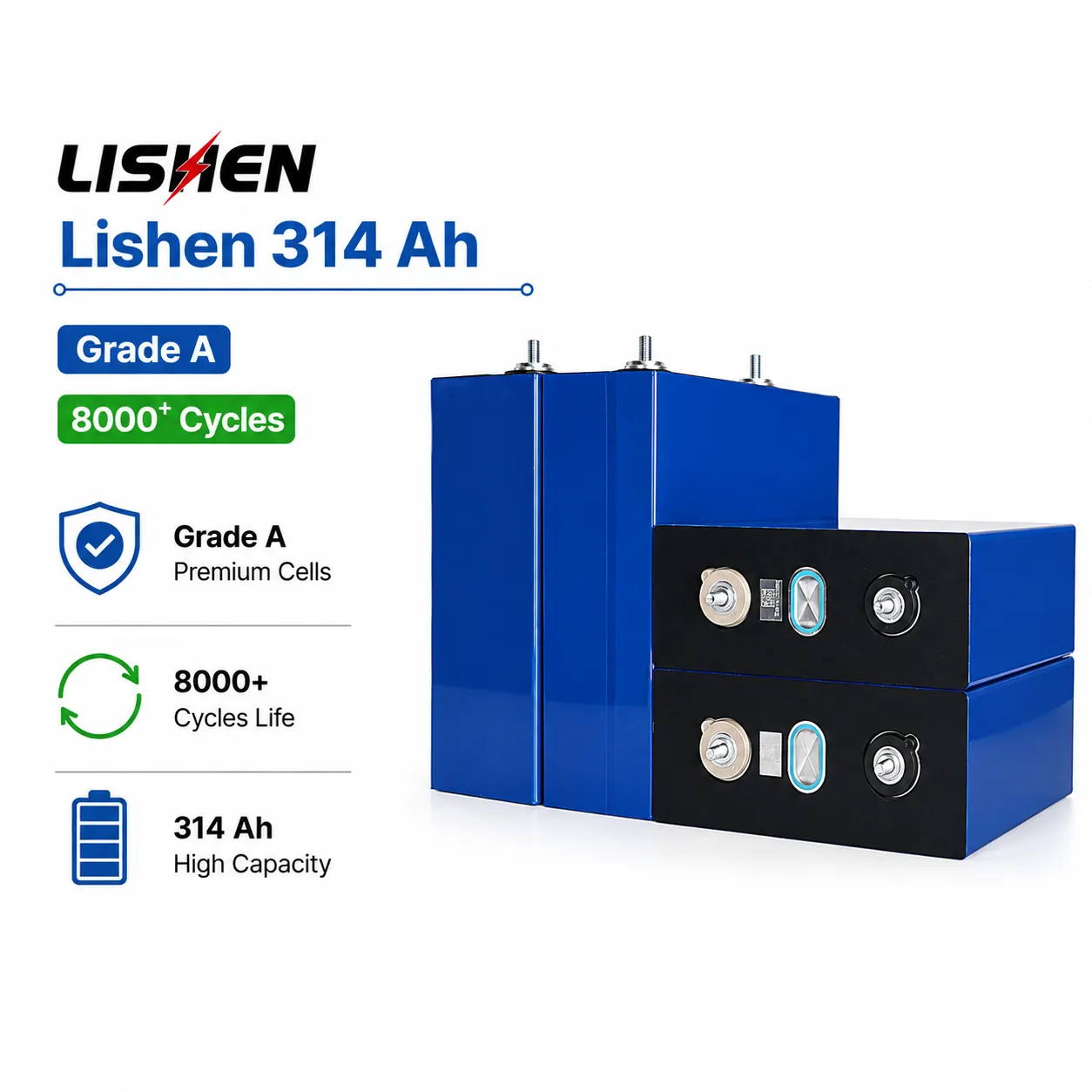 Lishen 3.2V 314Ah A-Grade LiFePO4 Cell | 8000+ Cycles | 0.17mΩ IR | Long-Life Energy Storage Cell