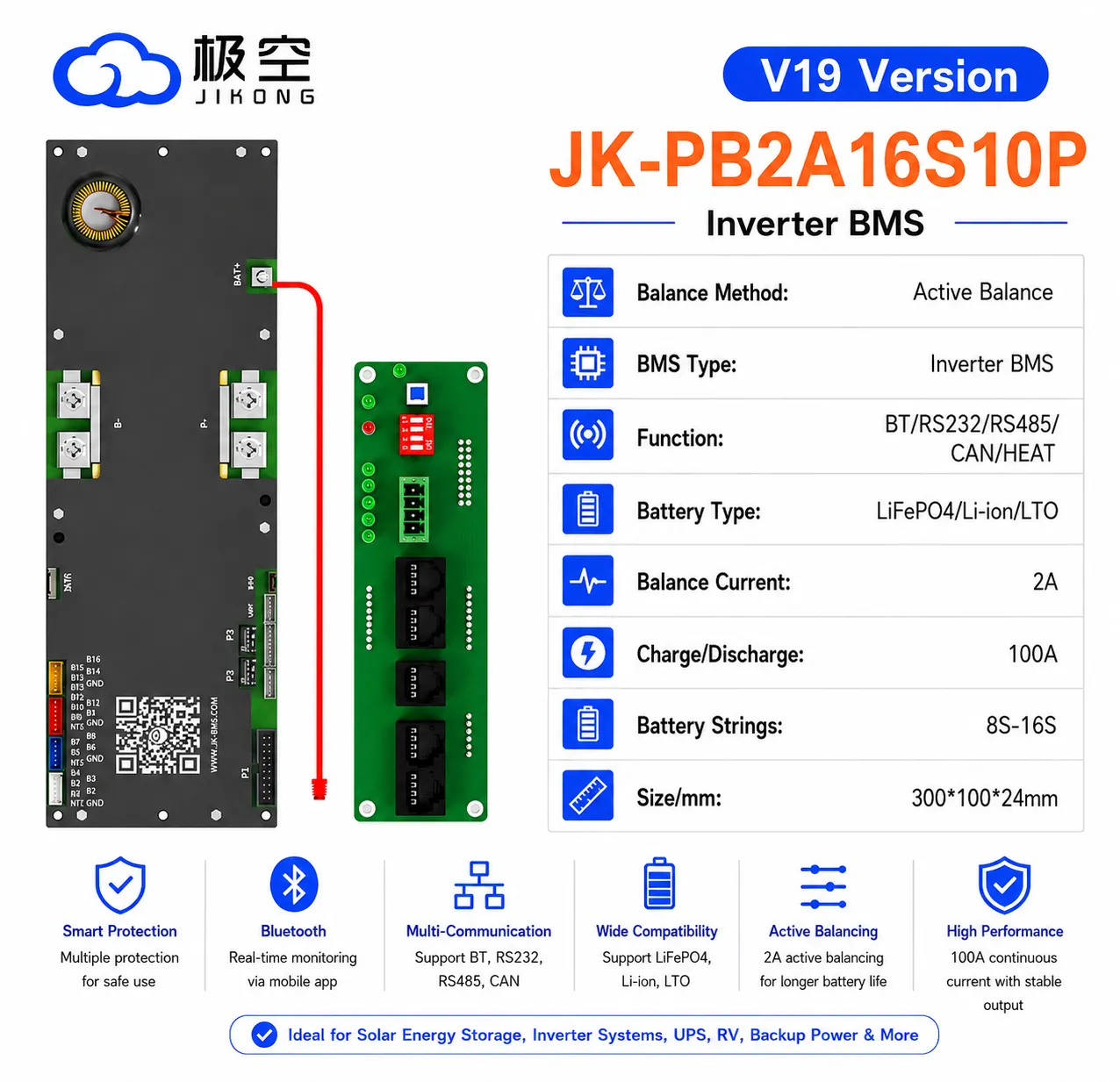 JK-PB2A16S10P Inverter BMS 100A with 2A Active Balancer | 8S-16S LiFePO4, Lithium-Ion & LTO Battery Management System | CAN,