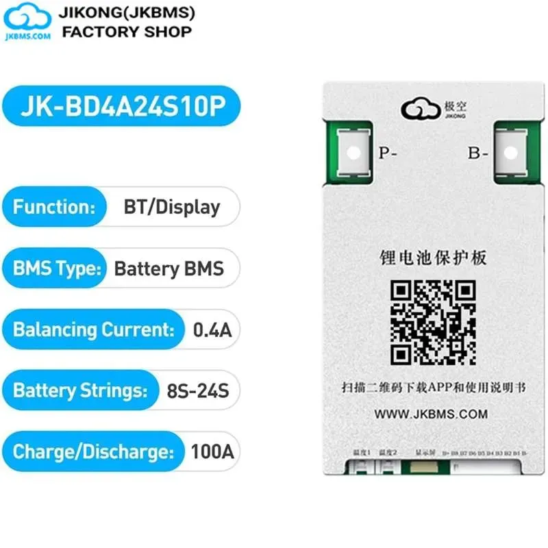 JK-BD4A24S10P Smart BMS 100A with 0.4A Active Balancer | 8S-24S LiFePO4, Lithium-Ion & LTO Battery Management System | Blueto