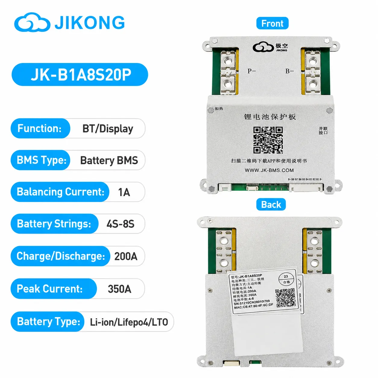 JK Smart BMS 200A 1A Active Balancer 4S-8S for LiFePO4 | Lithium-ion | LTO | Batteries Bluetooth Monitoring | LCD Display Com