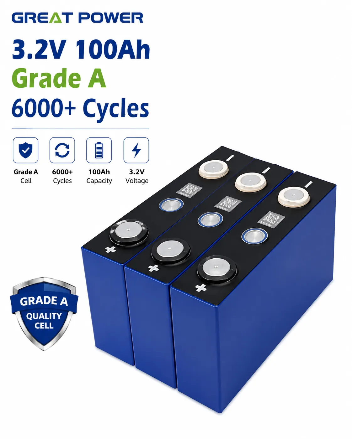 Great Power 3.2V 100Ah A-Grade LiFePO4 Cell | 5000 Cycles | 0.28mΩ IR | 1C Continuous Discharge