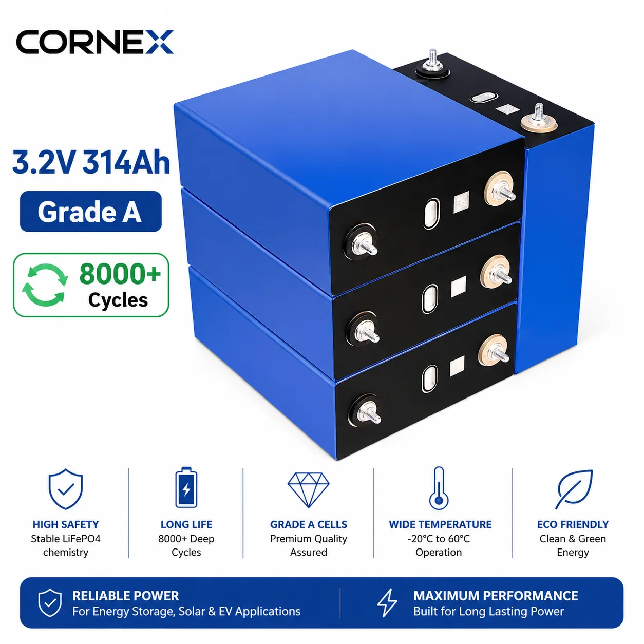 CORNEX 3.2V 314Ah A-Grade LiFePO4 Cell | 8000+ Cycles | 0.11–0.19mΩ IR | High-Capacity Energy Storage Cell