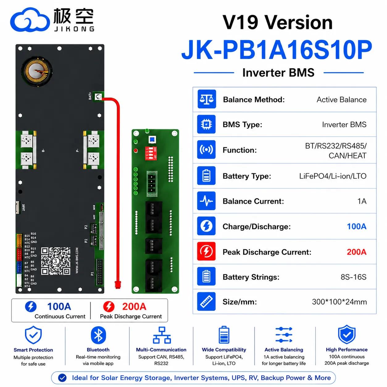 JK-PB1A16S10P Inverter BMS 100A with 1A Active Balancer | 8S-16S LiFePO4 Battery Management System | CAN, RS485 & Bluetooth C