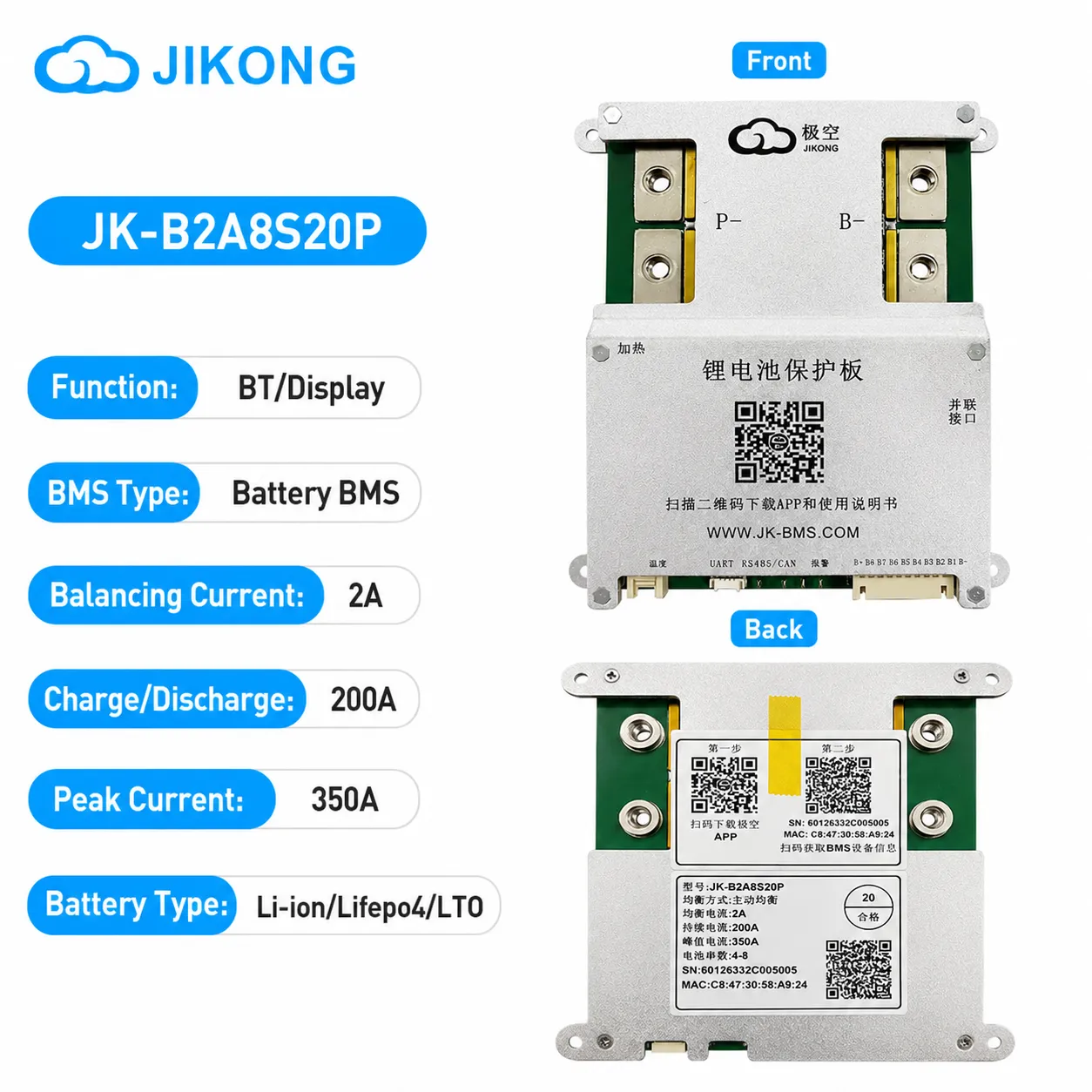 JK-B2A8S20P Smart BMS 200A Continuous & 350A Peak Current | 2A Active Balancer | Bluetooth & LCD Support for LiFePO4 | Lithiu